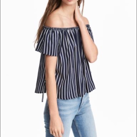H&M Navy Blue Striped Off Shoulder Top - Picture 1 of 2